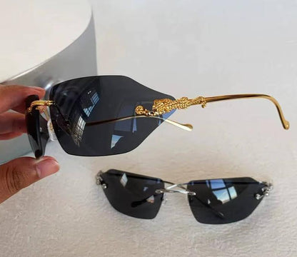 Women Men Gold Silver Designer Y2K Rimless Curved Rectangle Vintage Punk Shades Sunglasses