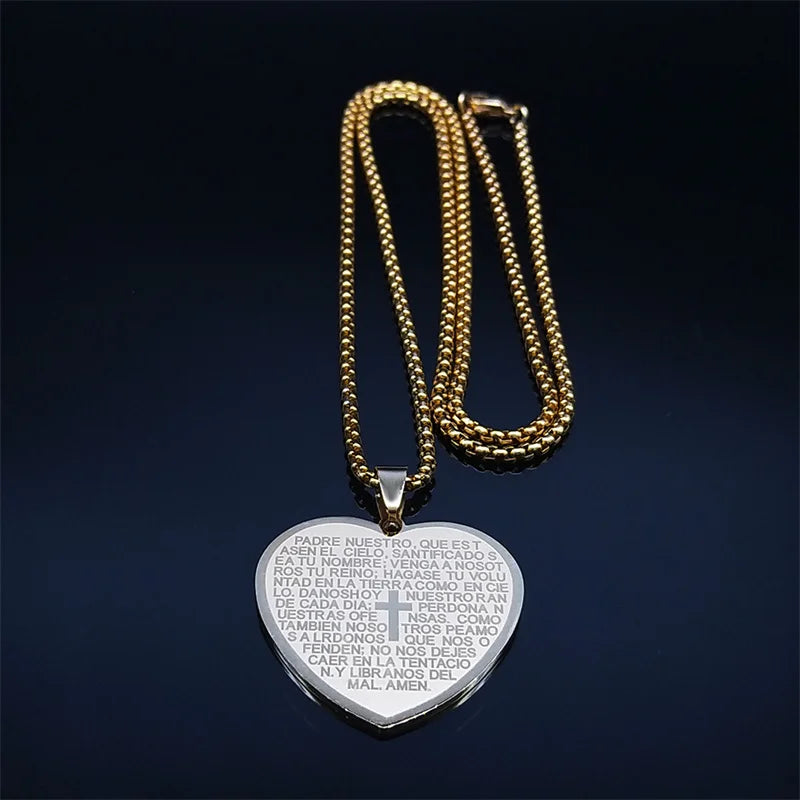 Spanish Religious Catholic Holy Bible Verse Projection Cross Heart Stainless Steel Necklace