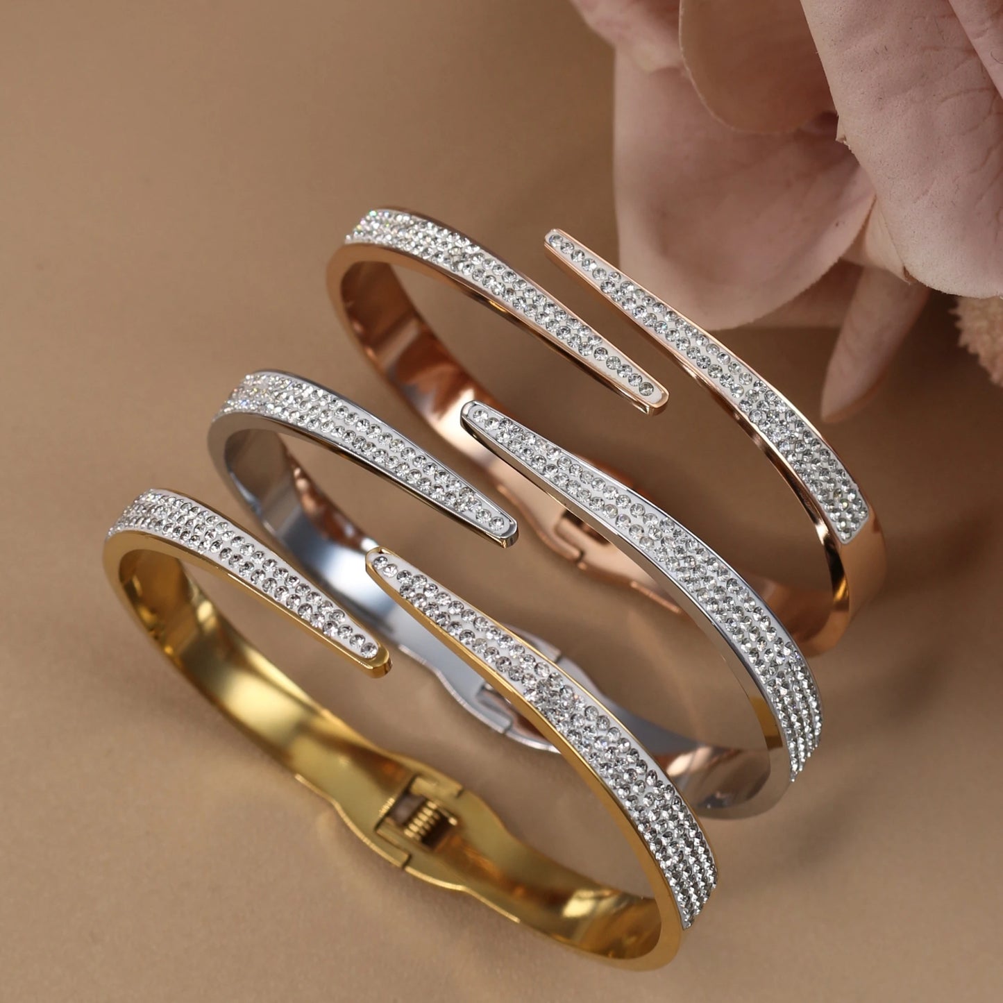 Women Stainless Steel Crystal Hollow Water Drop Open Bracelet Bangle