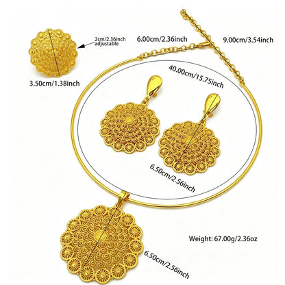 African Dubai 24k Gold Plated Women Ethiopian Indian Bridal Round Necklace Earrings Jewelry Set