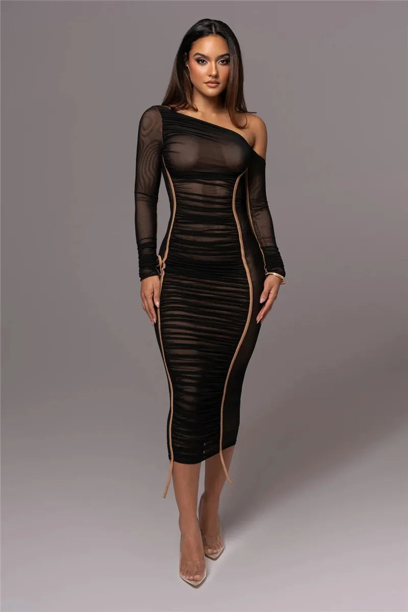 Sexy Diagonal Collar Long Sleeve Midi Two Layer Mesh Backless Ruched Bodycon Club Party Maxi Dress