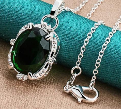 925 Sterling Silver Green Zircon 16-30Inches Chain Woman Fashion Wedding Party Charm Pendant Necklace