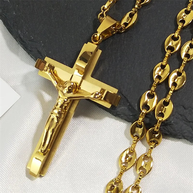 Men Stainless Steel Gold Color Christian Jesus Cross Crucifix Pendant Necklace