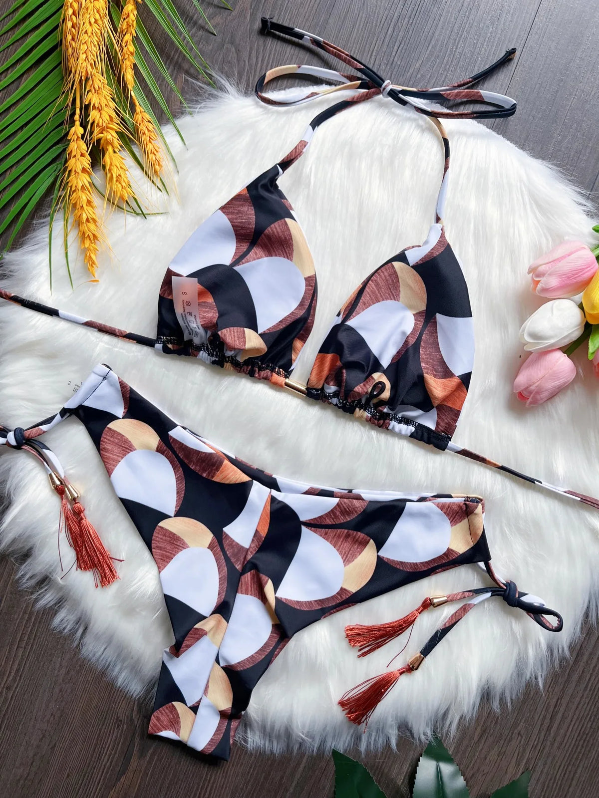 Sexy print bikini swimsuit split straps tassels 2-piece summer beach swimsuit Suit