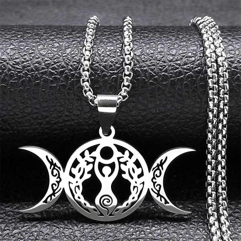 Women Men Stainless Steel Silver Color Amulet Witch Triple Moon Goddess Luna Necklace