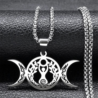 Women Men Stainless Steel Silver Color Amulet Witch Triple Moon Goddess Luna Necklace
