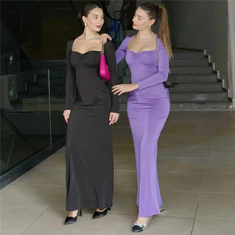 Women Square Collar Long Sleeve Long Gown Fashion Elegant Solid Bodycon Maxi Dress