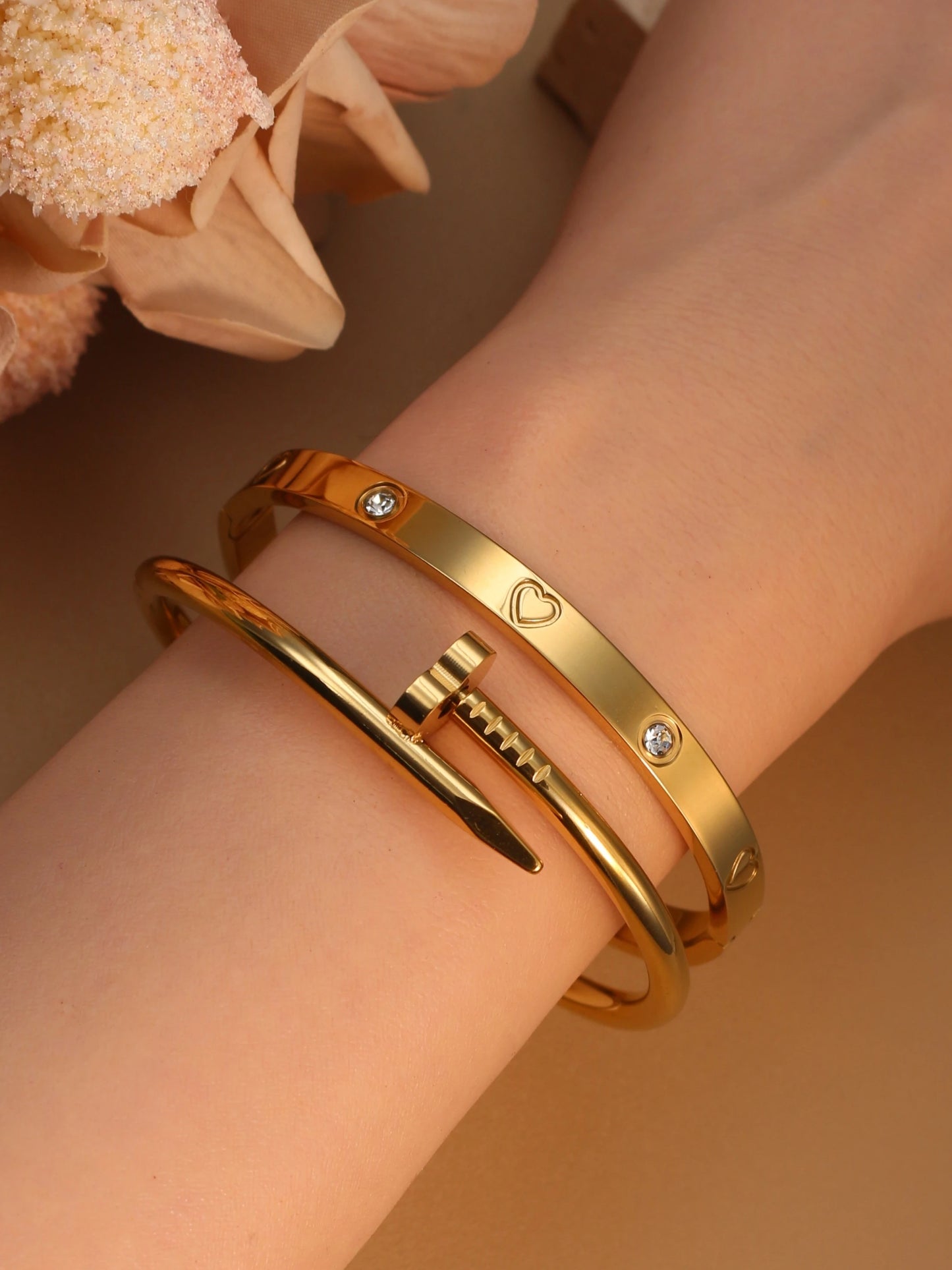 Women Heart Shaped Zircon Stainless Steel Gold Color 2-in-1 Bangles Bracelet Jewelry