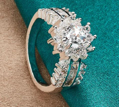925 Sterling Silver Flower Zircon Women Fashion Wedding Engagement Party Charm Shiny Ring