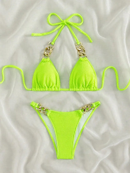 2pcs Women fluorescent green string metal tie halter bikini thong swimsuit Swimwear bathing suit