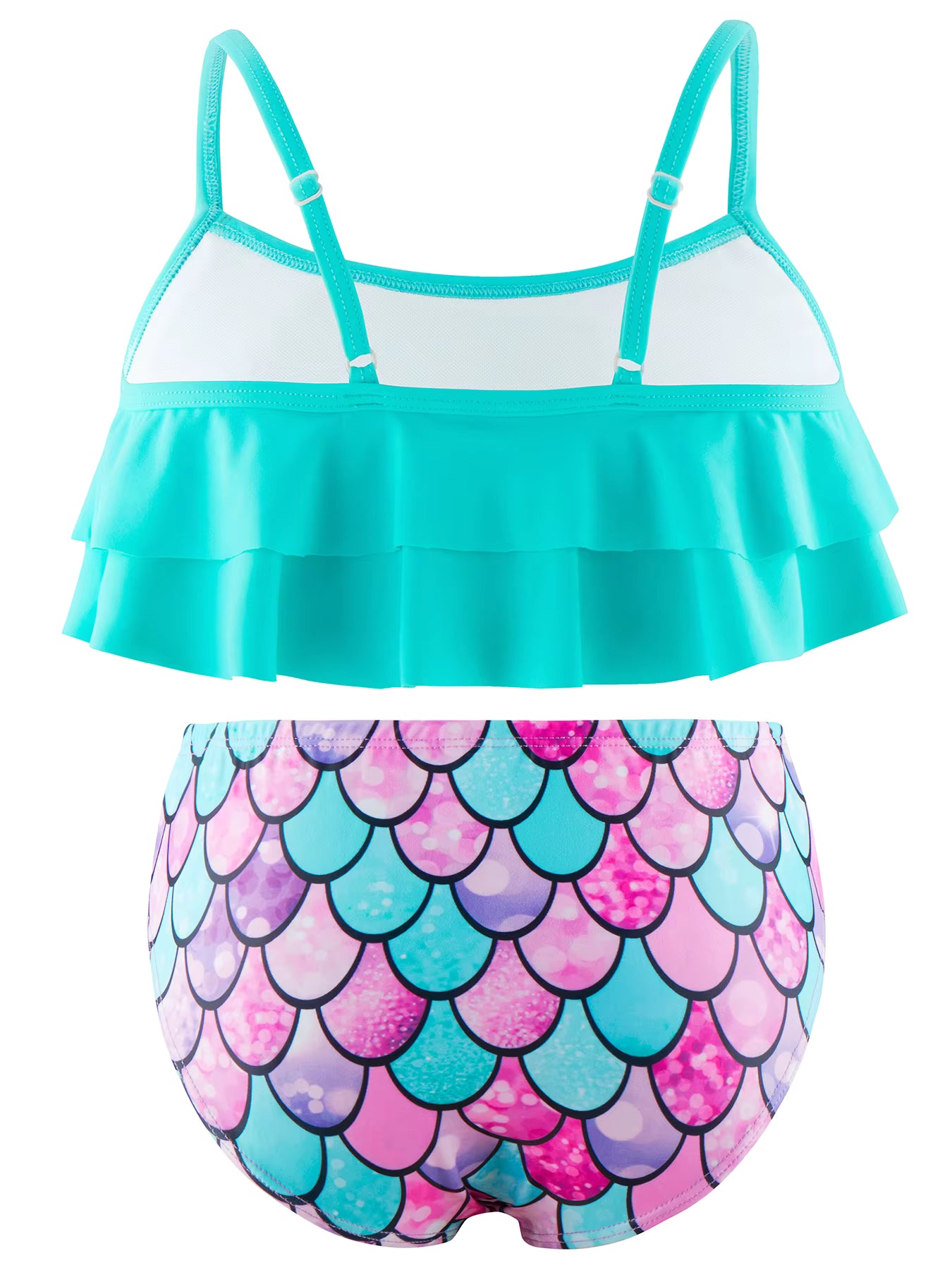 2pcs Kids Girl Sleeveless Pink Ruffle Crop Tops Scale Print Swim Briefs Swimming Suit