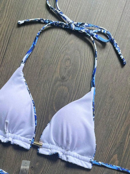 Women's Swimsuit Two-piece Sexy Blue white porcelain Print Bikini Swimwear Bathing Brazilian Suit