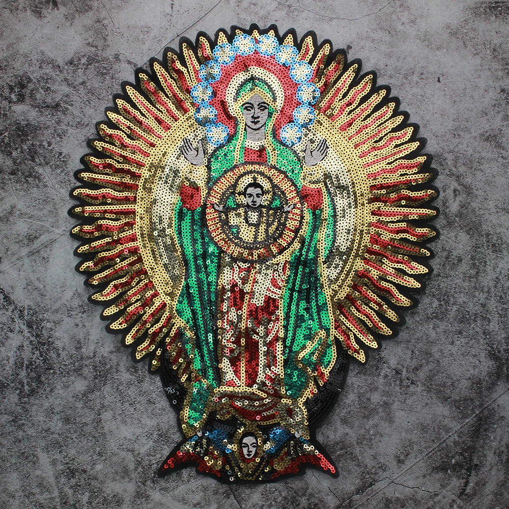 Large Sequins cross rose Blessed Virgin Mary Goddess Embroidery Patches for Clothes DIY sew Stripes Applique