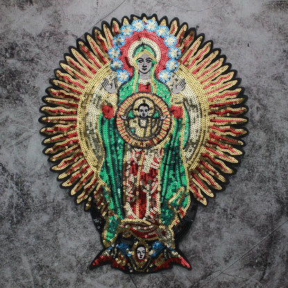 Large Sequins cross rose Blessed Virgin Mary Goddess Embroidery Patches for Clothes DIY sew Stripes Applique