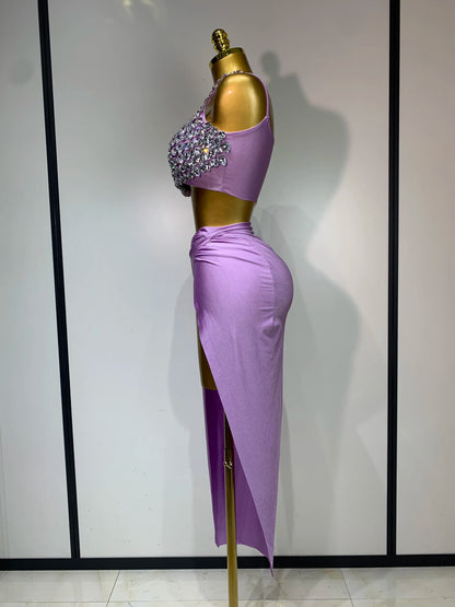 Women Sparkly Rhinestone Crop Tops Long Skirt Two Pieces Birthday Party Dinner Dress
