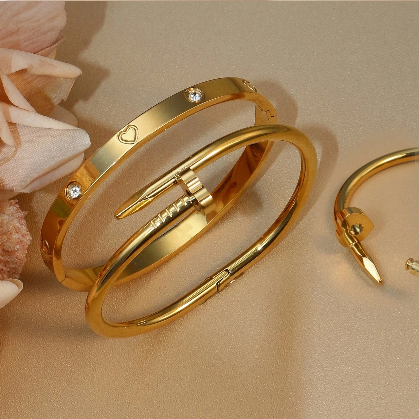 Women Heart Shaped Zircon Stainless Steel Gold Color 2-in-1 Bangles Bracelet Jewelry