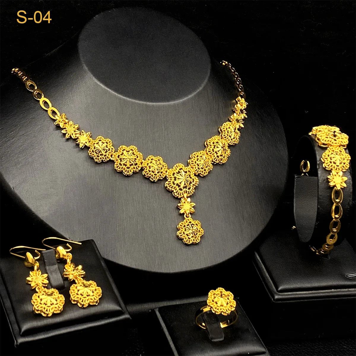 Italian Dubai Women Design 24K Gold Color Wedding Party Necklace Earrings Ring Bracelet Gift