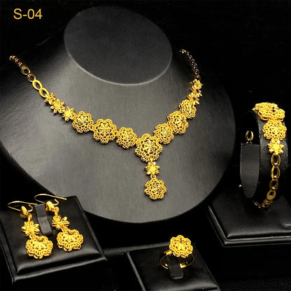 Italian Dubai Women Design 24K Gold Color Wedding Party Necklace Earrings Ring Bracelet Gift