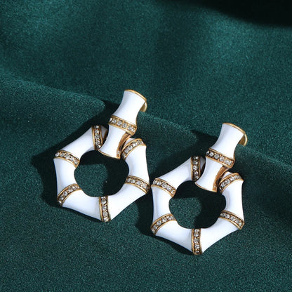 Vintage Drip Oil White Bamboo Women Geometric Hexagonal Designer Earrings