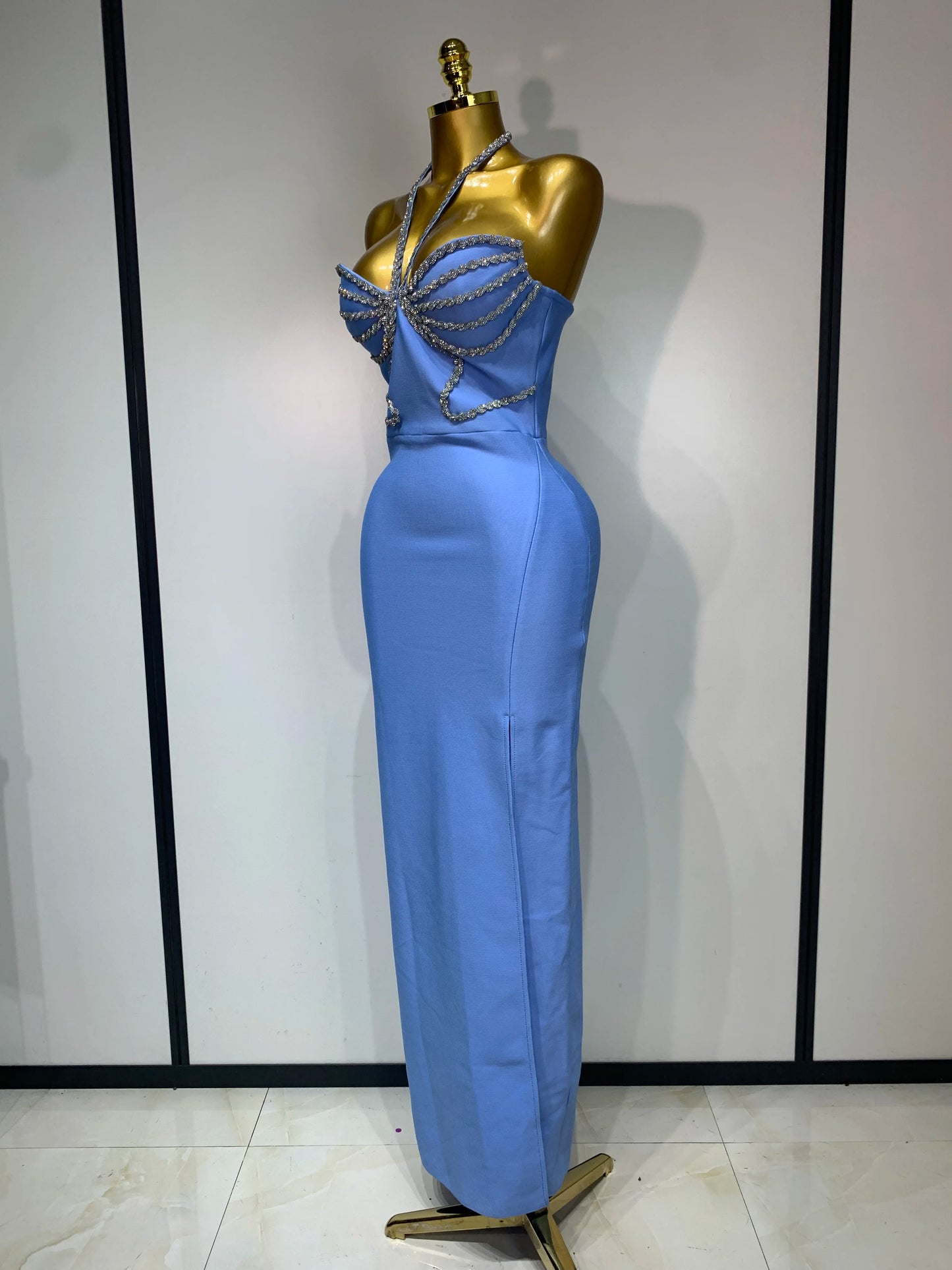 Sexy Halter Long Bandage Shiny Crystal Backless Evening Party Birthday Dress