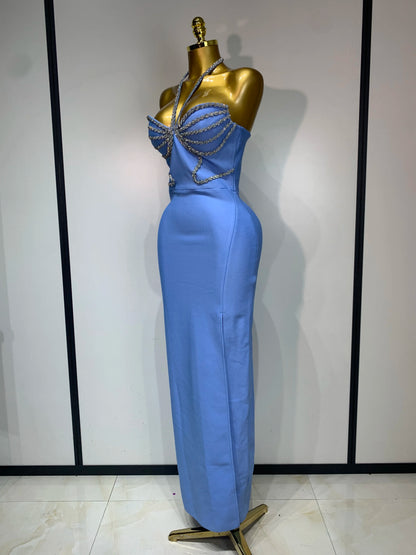 Sexy Halter Long Bandage Shiny Crystal Backless Evening Party Birthday Dress