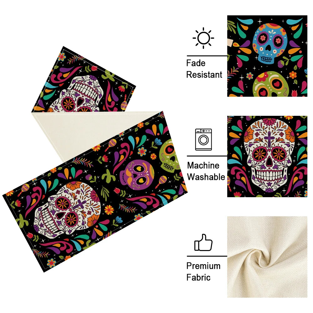 13x72 Inch Day of the Dead Mexican Carnival Skeleton Table Runner Style Decor