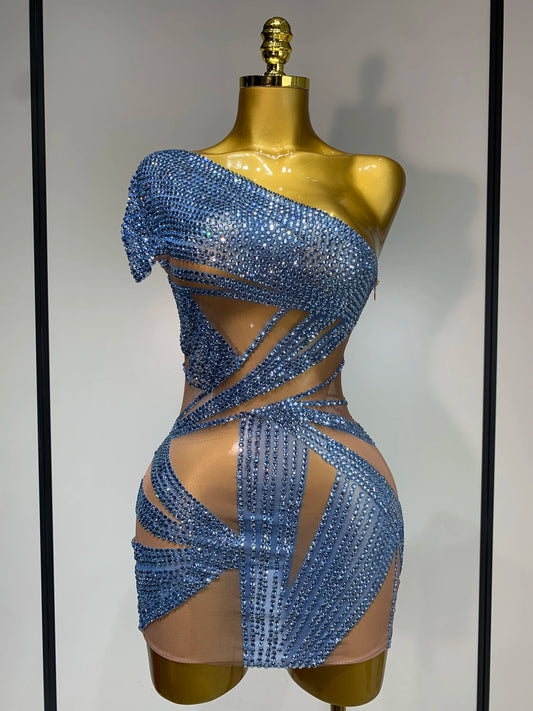Sparkly Rhinestones Mini Sexy Mesh Evening Birthday Party Dress