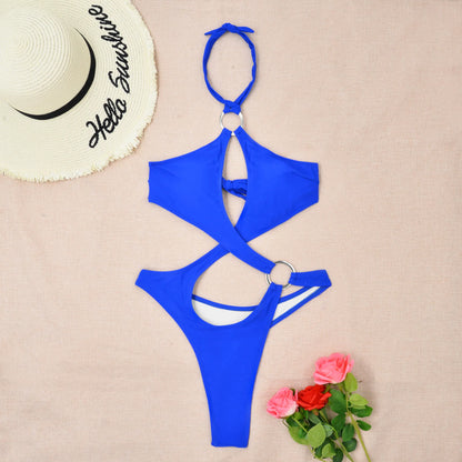 One-piece cross ring halter bandage hollow bikinis thong swimsuit bathing suit