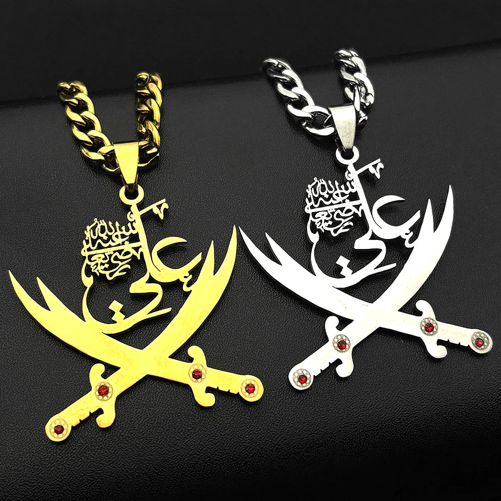 Men Women Stainless Steel Arabic Rhinestones Imam Ali Sword Muslim Islam Chain Pendant Necklace