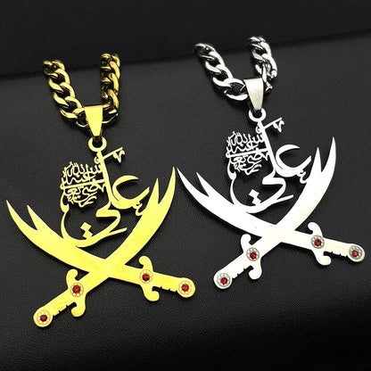 Men Women Stainless Steel Arabic Rhinestones Imam Ali Sword Muslim Islam Chain Pendant Necklace