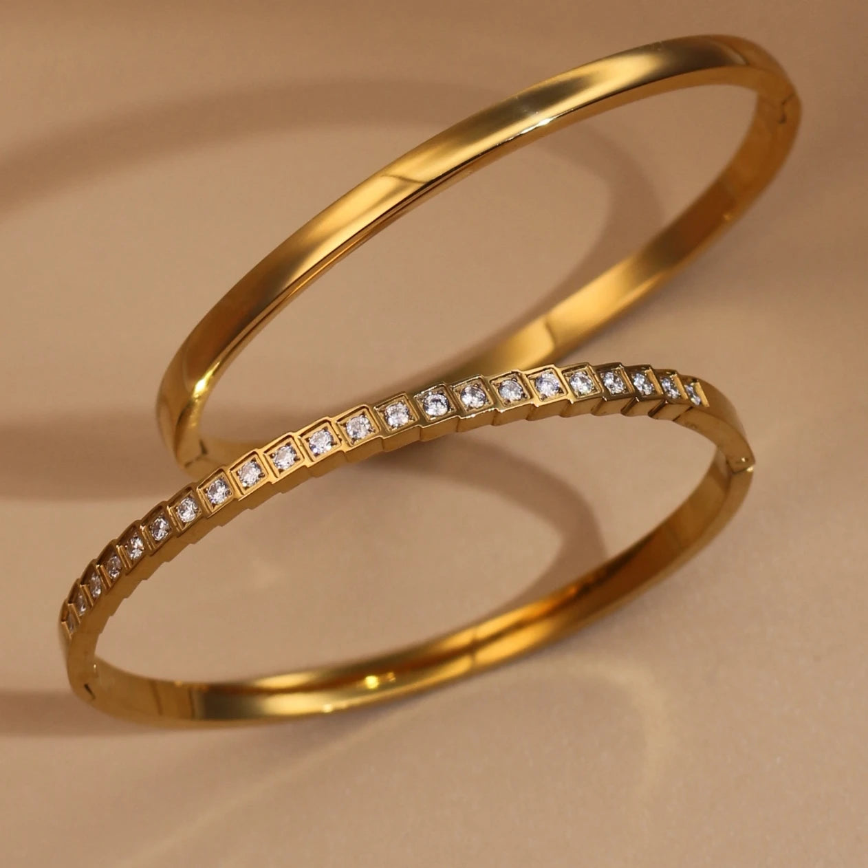 2-in-1 Women 18 K Gold Plated Zircon Stainless Steel Curved Bracelet Gift Bangle