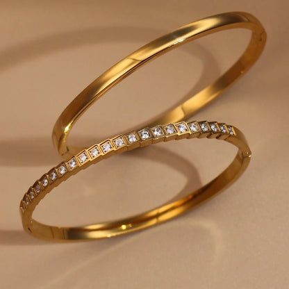 2-in-1 Women 18 K Gold Plated Zircon Stainless Steel Curved Bracelet Gift Bangle