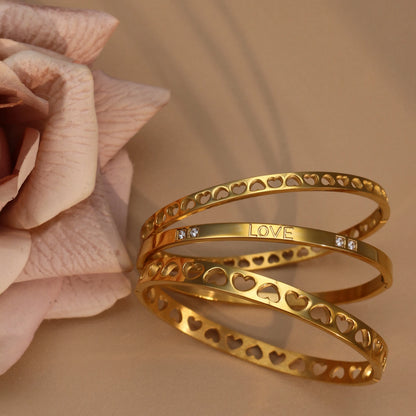 18K Gold-Plated LOVE Stainless Steel Zircon Openwork Bangle Bracelet Women's Jewelry