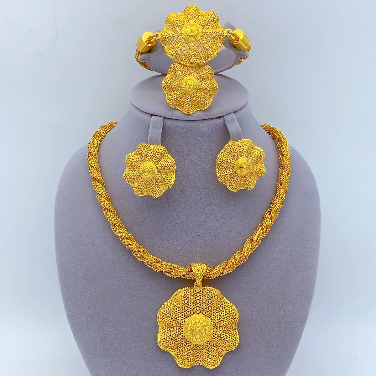 Dubai 24k Gold Color Women Ethiopian Indian Bridal Wedding Twisted Necklace Earrings Sets