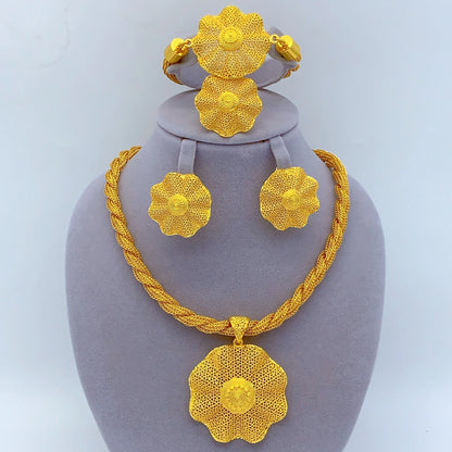 Dubai 24k Gold Color Women Ethiopian Indian Bridal Wedding Twisted Necklace Earrings Sets