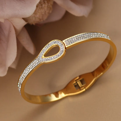 Women Stainless Steel Crystal Hollow Water Drop Open Bracelet Bangle