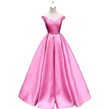 Off-Shoulder A-Line Satin Formal Women Prom Long Evening Party Gown Dress w/ Pockets