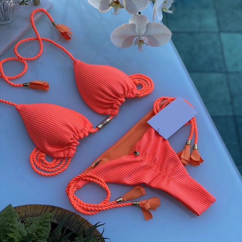 Woman Sexy Bathing Solid Triangle Adjustable Bandage Bikini Swimwear Swimsuit Beachwear