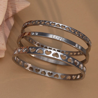 18K Gold-Plated LOVE Stainless Steel Zircon Openwork Bangle Bracelet Women's Jewelry