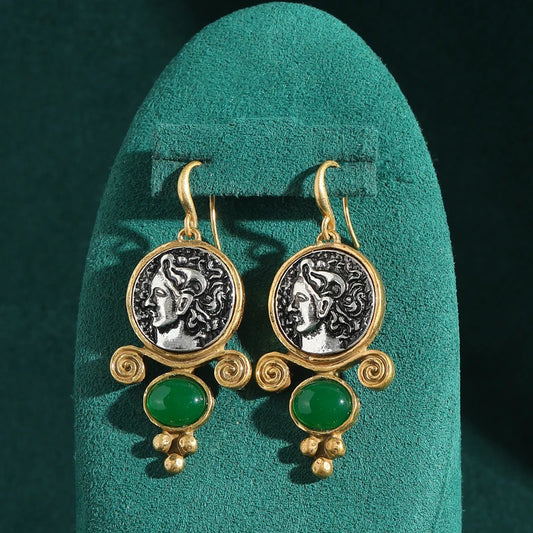 Vintage Women Hook Coin Antique Carving Emerald Green Stone Gold Color Drop Earrings