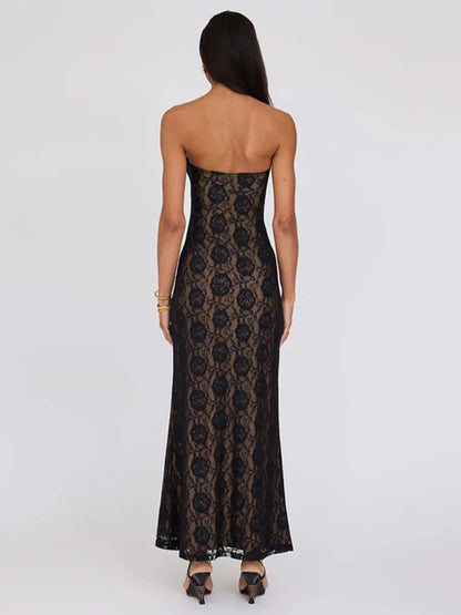 Women Hollow Out Lace Maxi Off-shoulder Strapless Sleeveless Backless Bodycon Party Long Dress