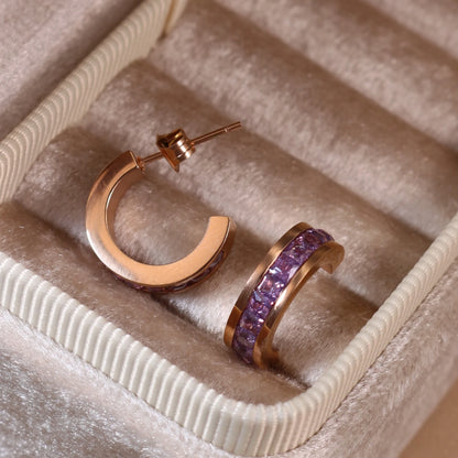 2-In-1 Women Rose Gold-Plated Stainless Steel Crystal Earrings Ring Jewelry Set