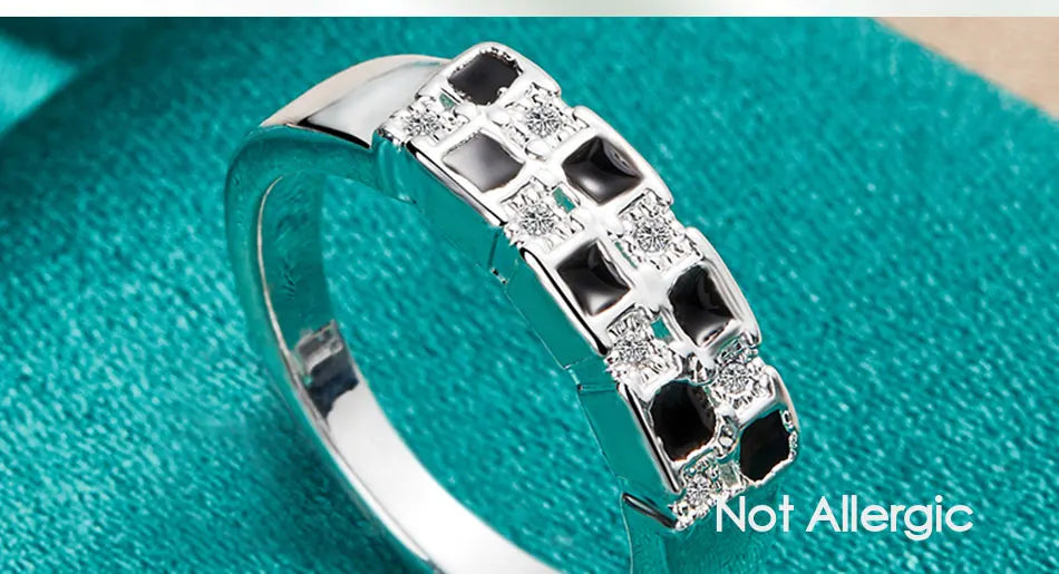 925 Sterling Silver Black Square Zircon Women Man Fashion Wedding Engagement Party Gift Charm Ring