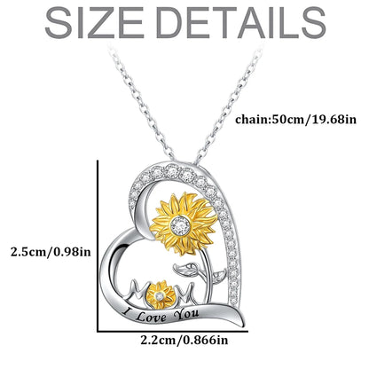 Women Elegant Exquisite Heart Shaped Sunflower "Mom" Pendant Necklace Mother's Day Gift