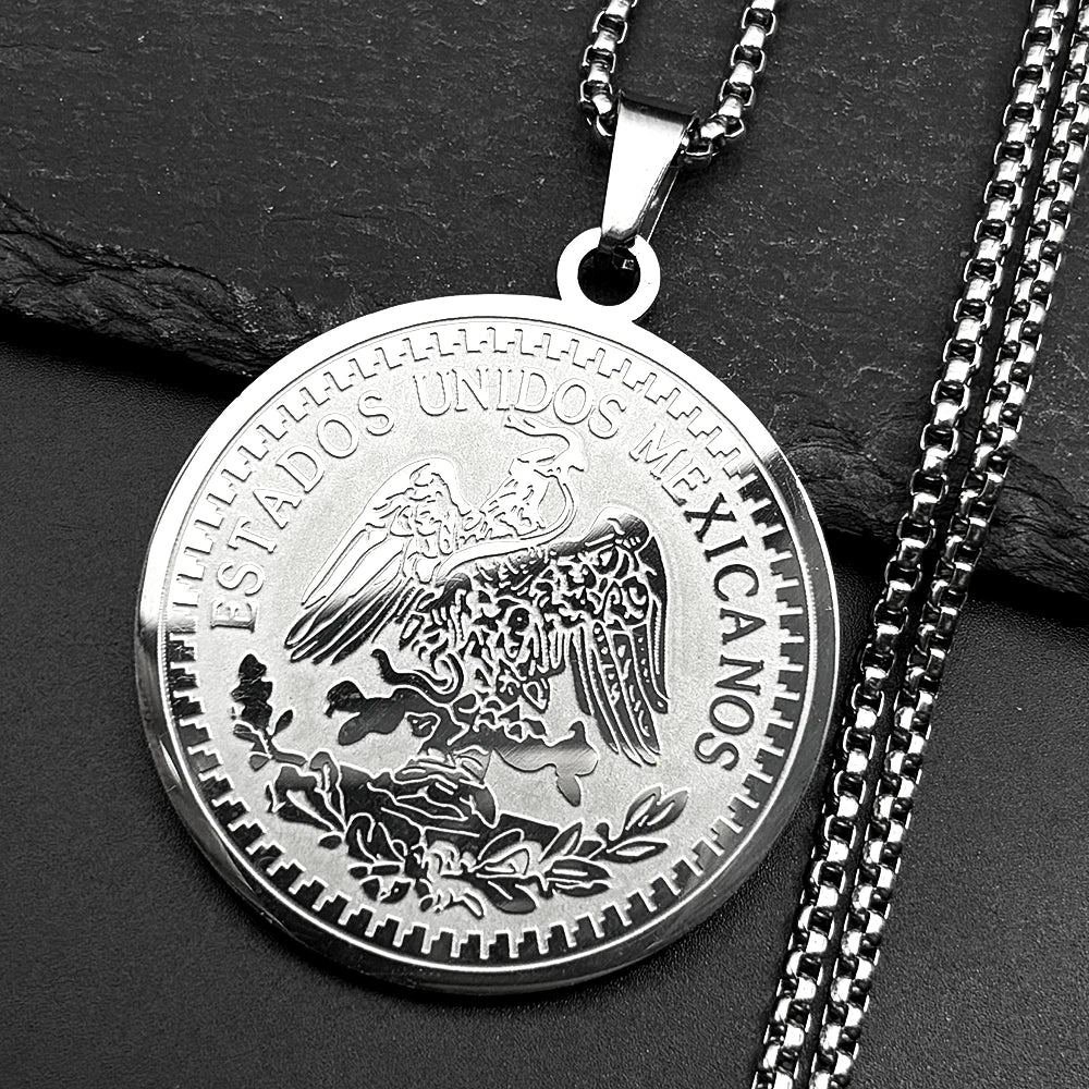Men Women Stainless Steel Gold Color Winged Victory 1921 Mexican 50 Pesos Rhinestones Amulet Pendant Necklace