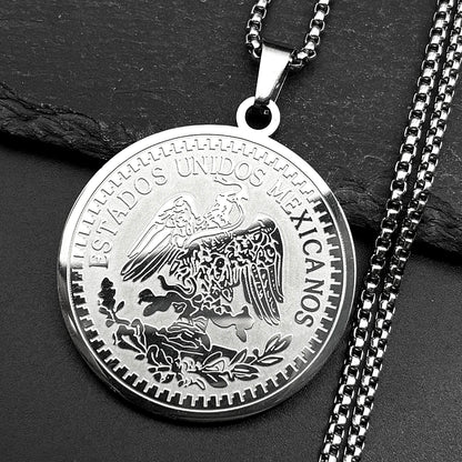 Men Women Stainless Steel Gold Color Winged Victory 1921 Mexican 50 Pesos Rhinestones Amulet Pendant Necklace