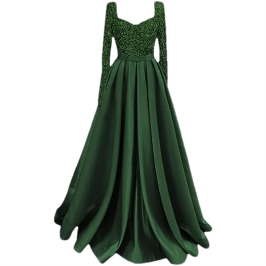 Long Sleeve Sequin Prom Long Satin Women Formal A-Line Evening Party Ball Gown Dress w/ Pockets