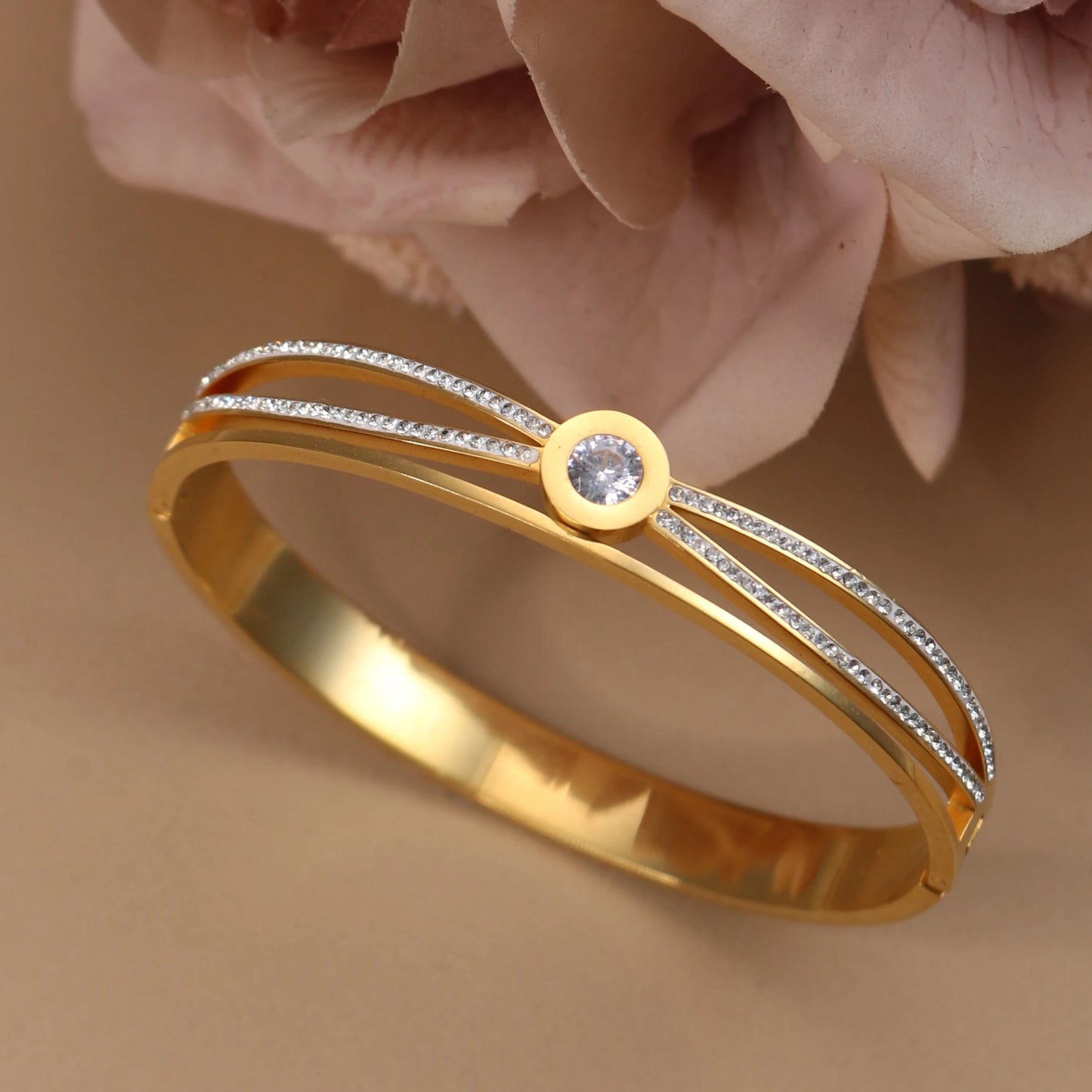 Women Stainless Steel Cross Small Zircon Round Charm Crystal Bangle Bracelet