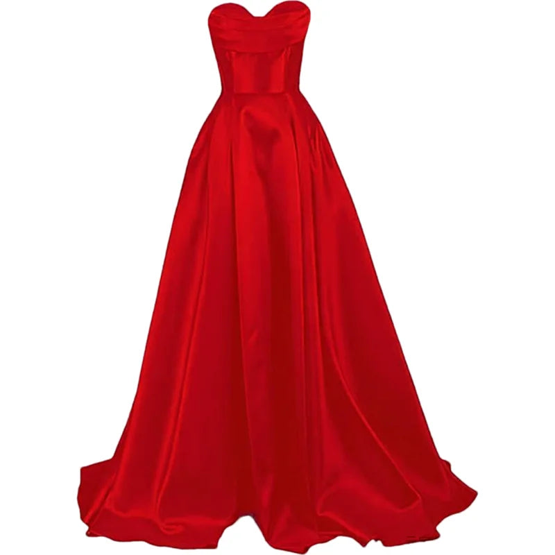 Sweetheart Strapless Pleat Satin Prom Women Long A Line Corset Formal Evening Party Dress w/ Pockets