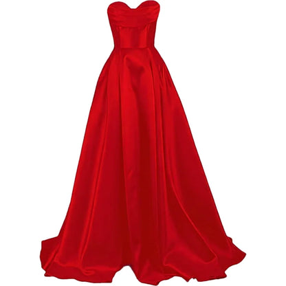 Sweetheart Strapless Pleat Satin Prom Women Long A Line Corset Formal Evening Party Dress w/ Pockets